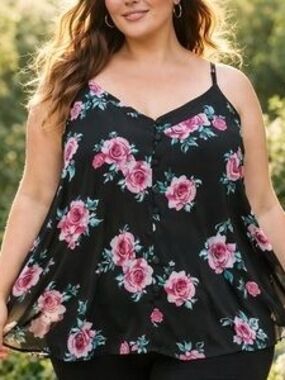 torrid Black Swing Cami Top with Pink Rose Print Sz 2x